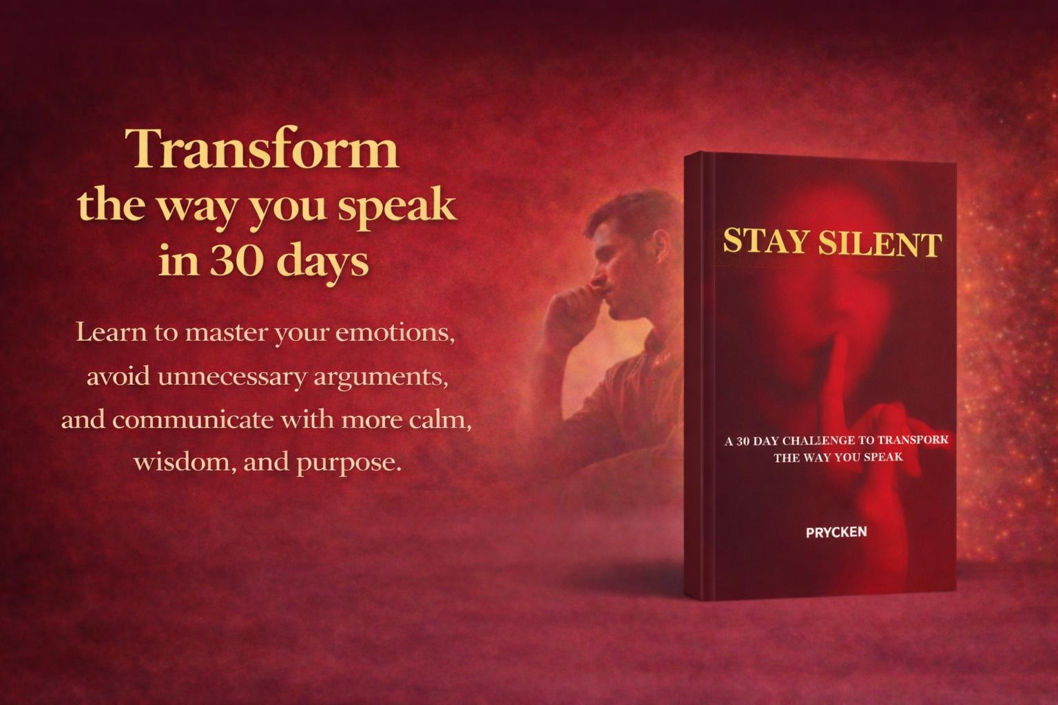 Prycken STAY SILENT: A 30 Day Challenge to Transform the Way You Speak. Master Self-Control & Emotional Intelligence | Build Powerful Communication — A Practical Self-Growth & Daily Reading Book|Limited-Time Shipping Included Prycken STAY SILENT: A 30 Day Challenge to Transform the Way You Speak. Master Self-Control & Emotional Intelligence | Build Powerful Communication — A Practical Self-Growth & Daily Reading Book|Limited-Time Shipping Included