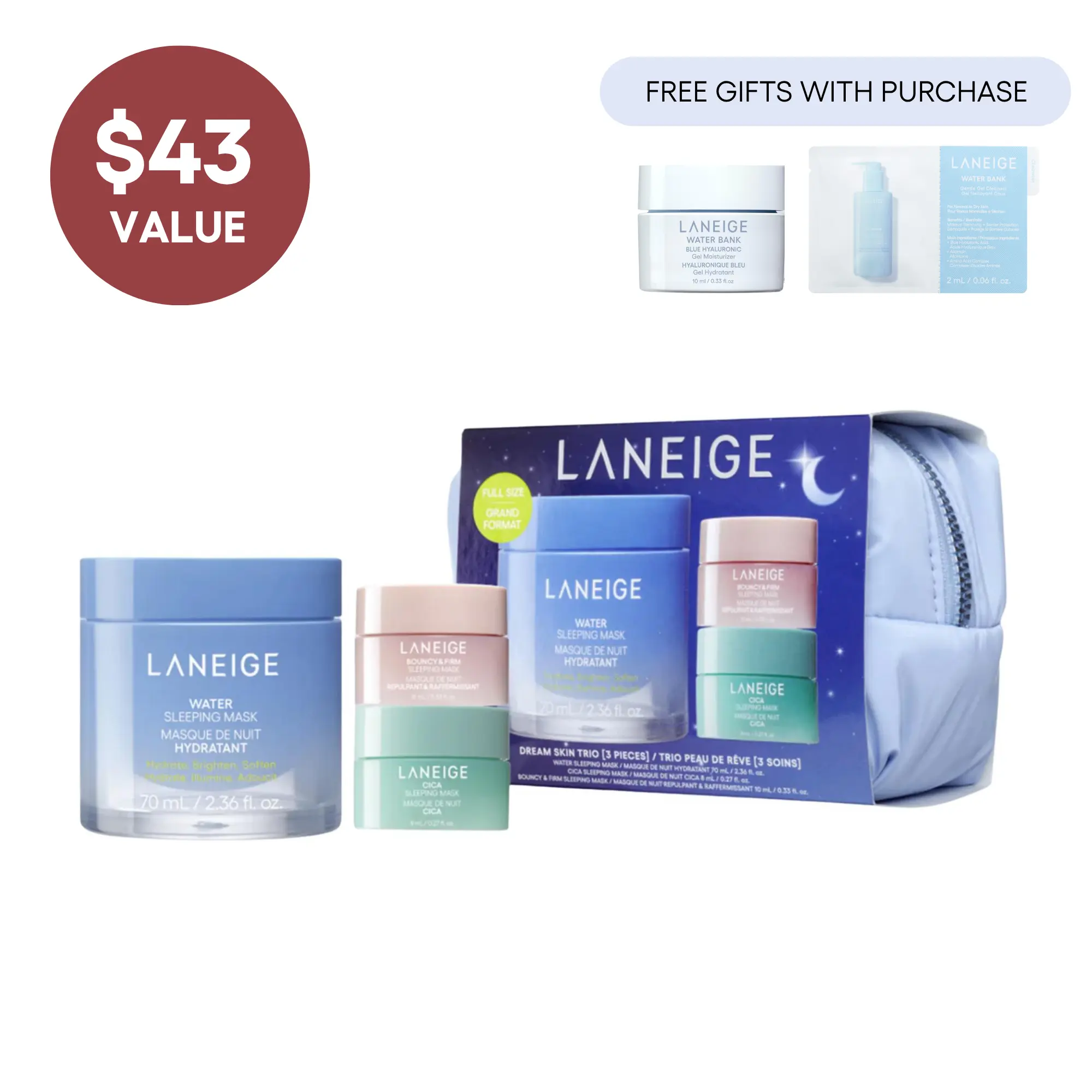 Laneige Dream Skin Trio, Water Sleeping Mask, Bouncy & Firm Sleeping Mask, Cica Sleeping Mask