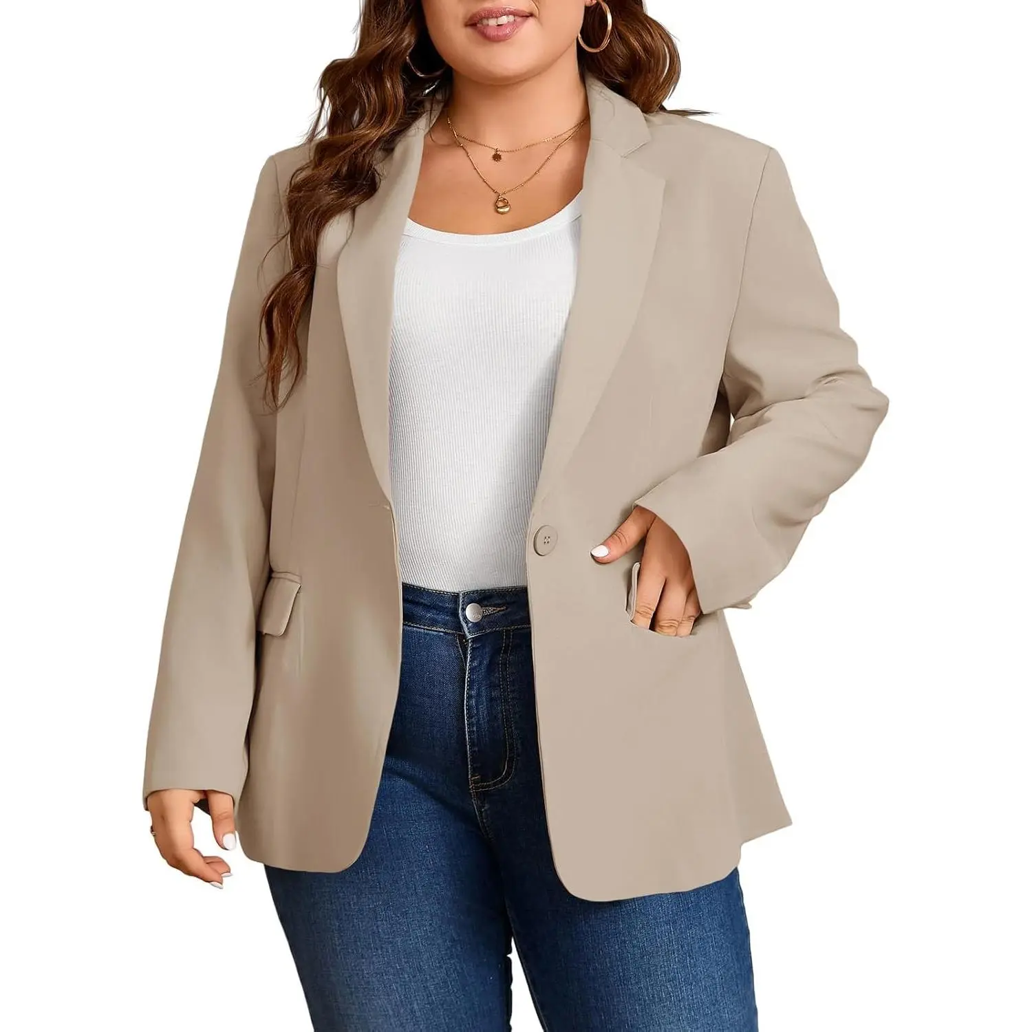 Lannew Womens Plus Size Casual Blazers Lapel Long Sleeve Work Office Suit Jackets Open Front Curvy Blazers