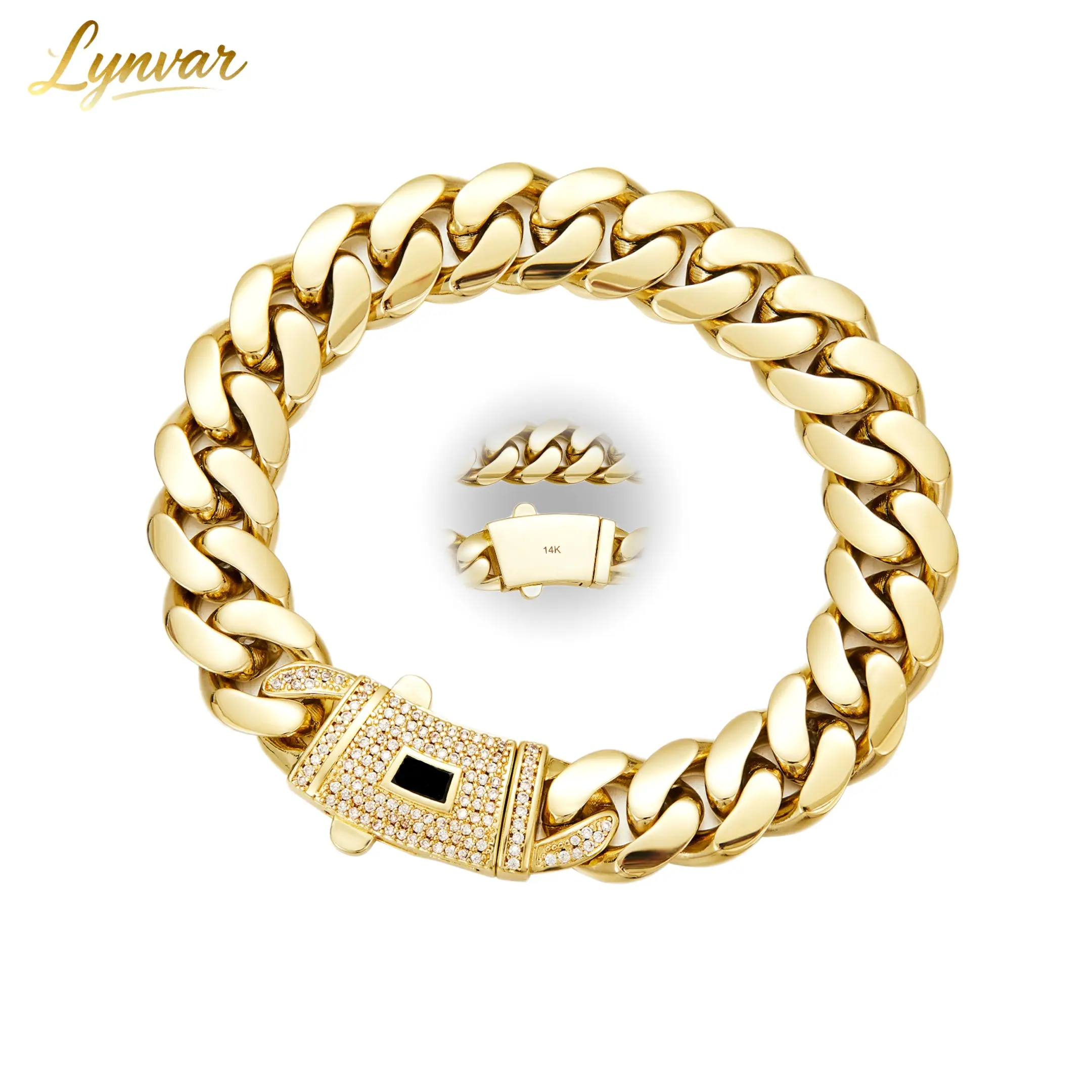 14K Gold-Plated Cuban Bracelet — featuring refined craftsmanship and dazzling white stone inlay. The Miami Cuban design fuses tradition with modern fashion. A perfect gift for him or her. Available in 6mm~14mm, 7.5"/8.5".