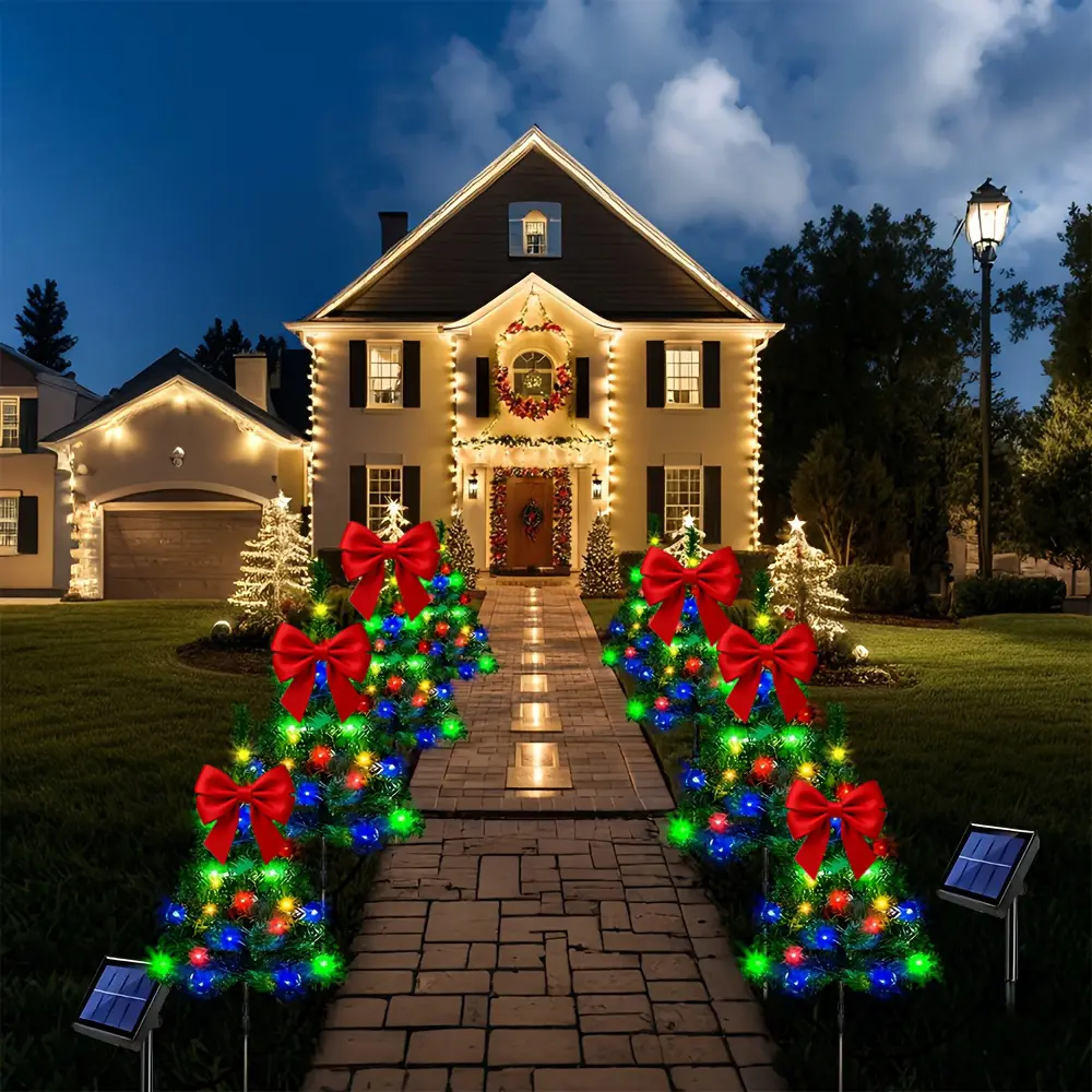 4-Light Solar-Powered Outdoor Christmas Tree with Stand - IP44 Waterproof Solar Panel Garden Decoration, Self-Illuminating Multi-Color (White/Blue/Green/Red), Suitable for Lawns and Front Doors - No Plug-in Required for Installation