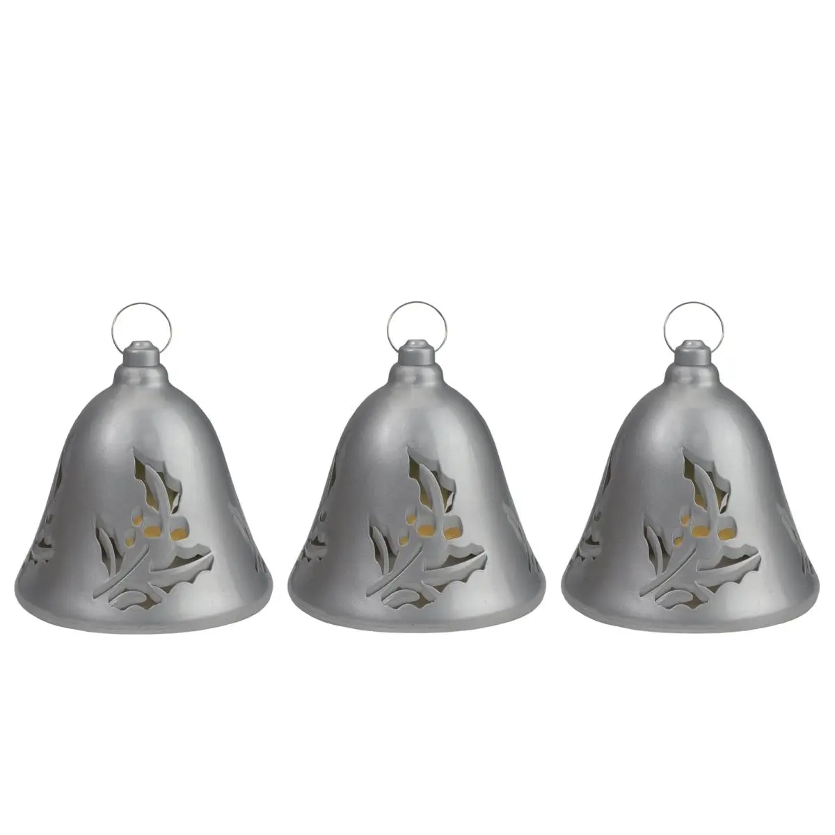 212 MAIN 6.5 in. Musical Lighted Silver Bell Christmas Ornaments - Set of 3, Plastic, Switch, Hook, Berry, Holly, Christmas Tree Decorations