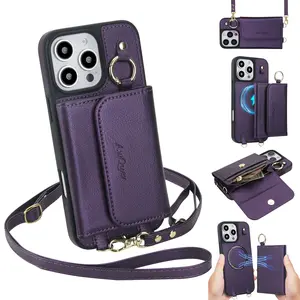 2-in-1 MagSafe Wireless Charging Crossbody Leather Magnetic Ring Zipper Wallet Card Holder Shockproof, Protective Phone Case Cover for iPhone 17, 16, 15, 14, 13, 12, 11 Pro Max Plus with Long Strap Shoulder Bag for Women, Portable Travel Protection