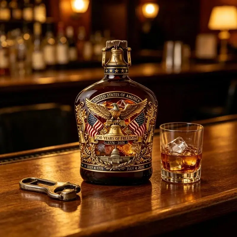 USA 250th Anniversary Decorative Liquor Bottle, Patriotic Eagle & Liberty Bell Whiskey Decanter for Bar & Home Decor