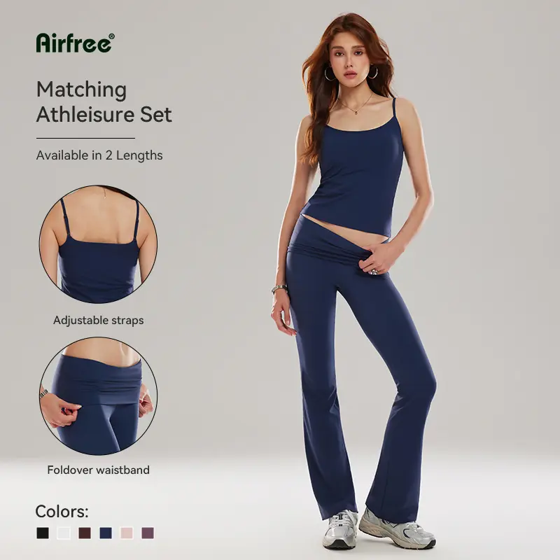 Airfree Women's 2 Piece Lounge Set Outfit Flattering Spaghetti Strap Cami Top with Fold Over Waist Flare Pant, Casual Lounge Matching Set, Slim Fit, Tall & Regular Length Friendly Minimal Chic Everyday Outfit, Workout Sets for Gym & Travel,summerwins