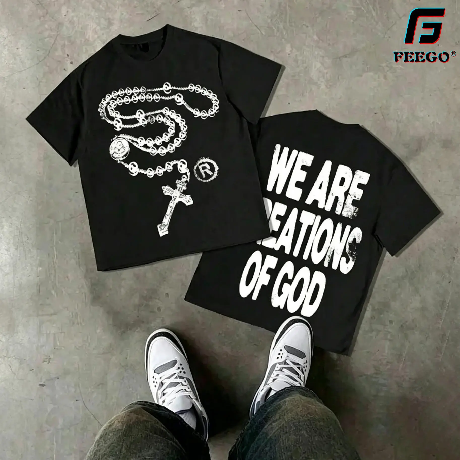 Y2K High - Street Religious - Themed Tee With 'We Are Creations Of God' Slogan (220g Cotton T-Shirt) Printed T-Shirts, Cotton T Shirt Unisex T-Shirts white tee graphic tee