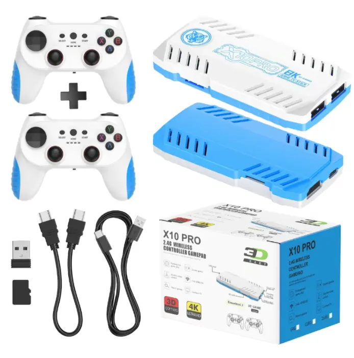 X10 Pro Retro Video Game Console - 128GB Cordless Home Gaming Machine with 2 Wireless Controllers, HDMI Port, Cells, Easy Setup Plug & Play for Adults, Blue-White/Black-White
