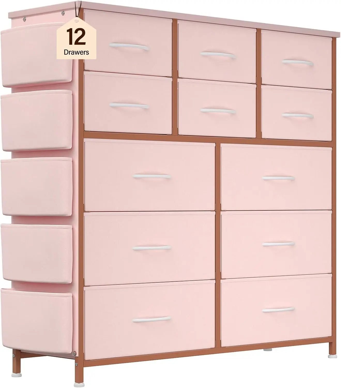 【GARVEE】Vertical Fabric Dresser with 12 Drawers, 5 Side Pockets, 2 Hooks, Metal Frame Storage Organizer for Bedroom and Home Use