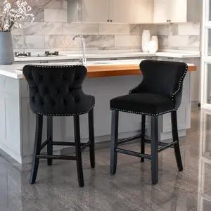 [Fahuac] 2-Piece Modern Black Velvet Wing-Back Kitchen Bar Stools, Button Tufted, Chrome Nailhead Trim, Counter Height Chairs with Wooden Legs