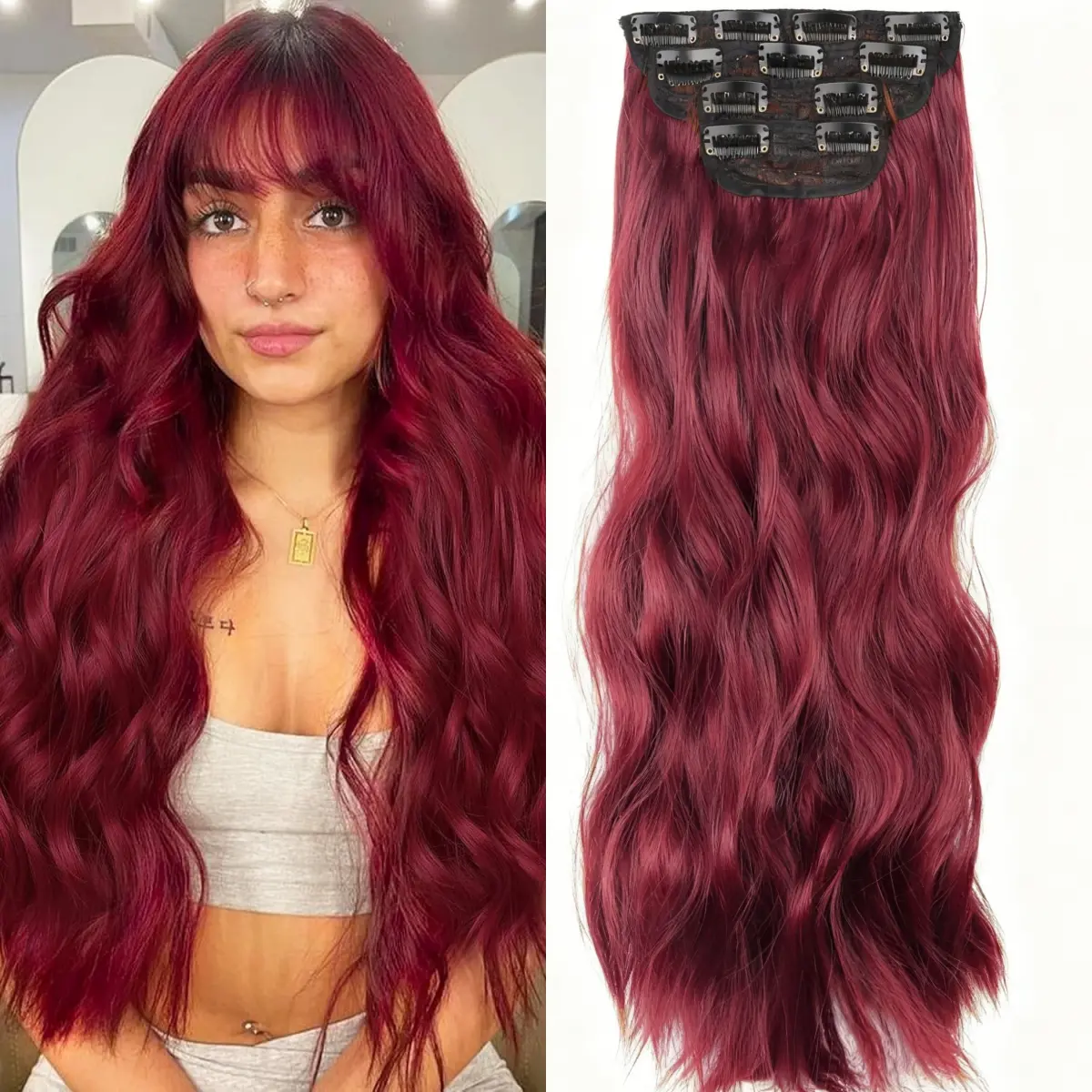 Women's 4PCS Clip-in Hair Extensions, 20Inch Water Wave Synthetic Burgundy Hairpiece, Thick Double Weft, Full Volume Natural Look, Blonde Highlighted Medium Brown, for Daily Wear, Thick Density, Female