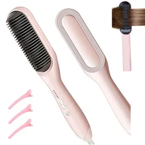 Hair Straightener Brush, Ring Hair Straightener Comb Straightening Brush for Women with 20s Fast Heating Pink