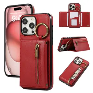 Three piece zipper PU leather cover ring wallet with multiple card holders, stand for anti drop phone cases, Protection suitable for iPhone 17, 16 Pro Max, 15 Plus, 14, 13, 12, 11 Pro Max credit card storage