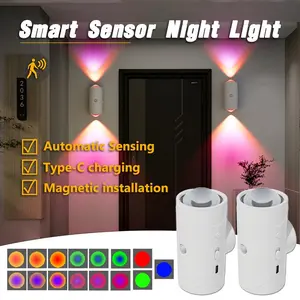 Smart LED Night Light with Motion Sensor, RGB Gradient Dimmable Wall Lamp, USB Rechargeable Indoor Ambient Lighting, Magnetic Step Lamp for Entryway, Bedside, Desk, Operated for Hallway Stairs Bedroom, Live streaming rooms, video shooting locations, lampu