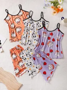Women's Cute Cartoon Print Cami Top & Shorts Pyjama Set, Casual Comfy Loungewear Set for Women, Women's Sleepwear for Summer