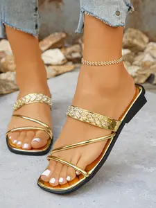 Women's Casual Flat Sandals with Chunky Heel, Fashionable Rhinestone Slip-On Beach Shoes, Glitter Decorated Sandals, PU Leather, Less Than Ankle Height, Footwear