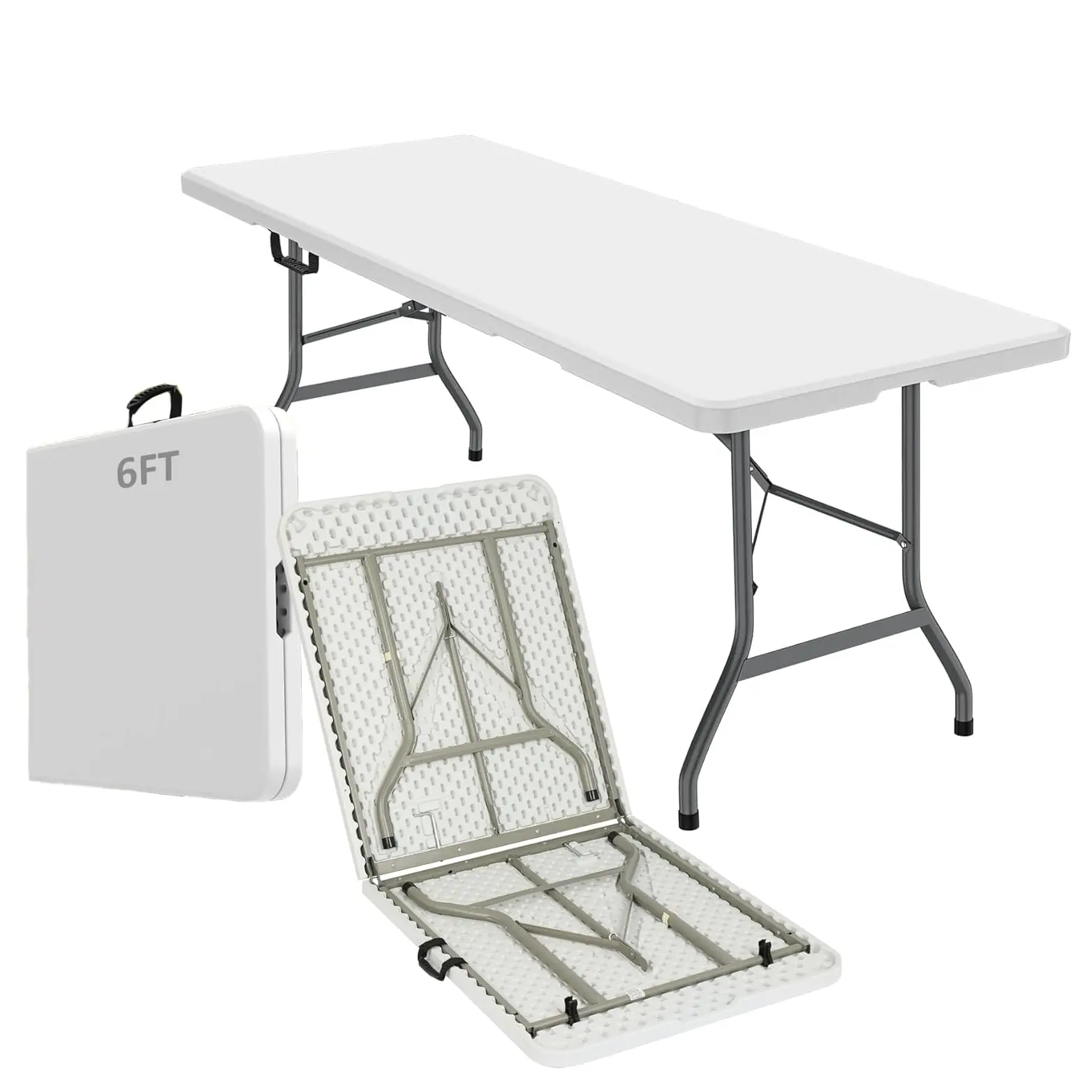 LING RONG 6FT Portable Heavy Duty Plastic Folding Table with Carrying Handle Fold-in-Half Utility for Parties Weddings Dining Indoor Outdoor Picnic White