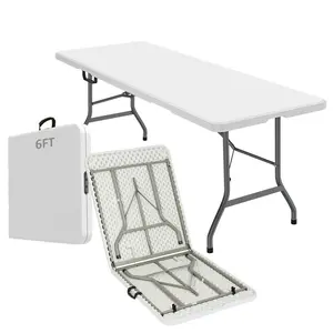 LING RONG 6FT Portable Heavy Duty Plastic Folding Table with Carrying Handle Fold-in-Half Utility for Parties Weddings Dining Indoor Outdoor Picnic White