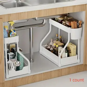 2 Layer Pull Out Storage Rack, Large Capacity Drawer Organizer, Kitchen and Bathroom Storage Rack, Cutlery Holder, Home Organizer for Kitchen and Bathroom