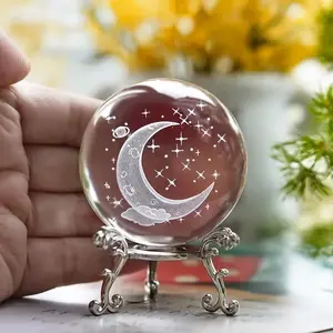 Charming 3D Moon Star Pattern Crystal Ball, Ideal Home Office Cafe Decoration, Suitable for Living Room Desktop Display Entrance, Crystal Sphere