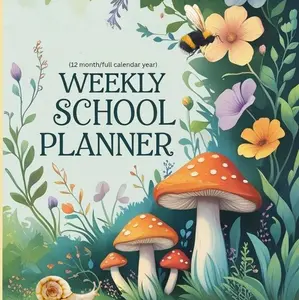 Weekly School Planner 12 Month Full Calendar Year with Floral and Mushroom Design