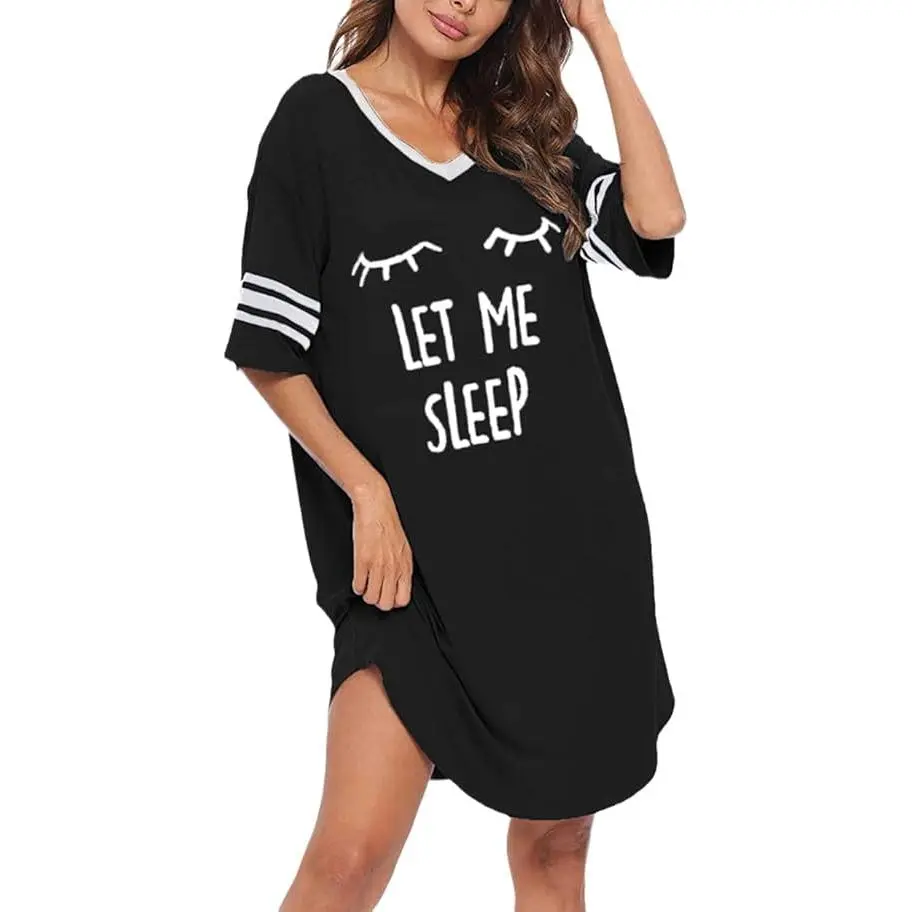 Tankaneo Sleep Shirts for Women Short Sleeve Cotton Novelty Night Shirts V Neck Oversized Nightgowns Cute Printed Nightdress