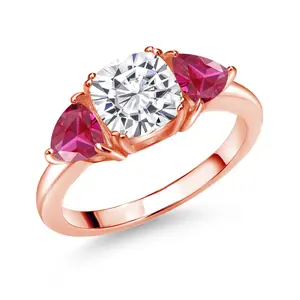Gem Stone King 18K Rose Gold Plated Silver Gemstone Birthstone and Created Ruby 3-Stone Engagement Ring for Women | 7MM Cushion and 5MM Trillion | Three Stone Promise Anniversary Wedding Ring | Sizes 5-9