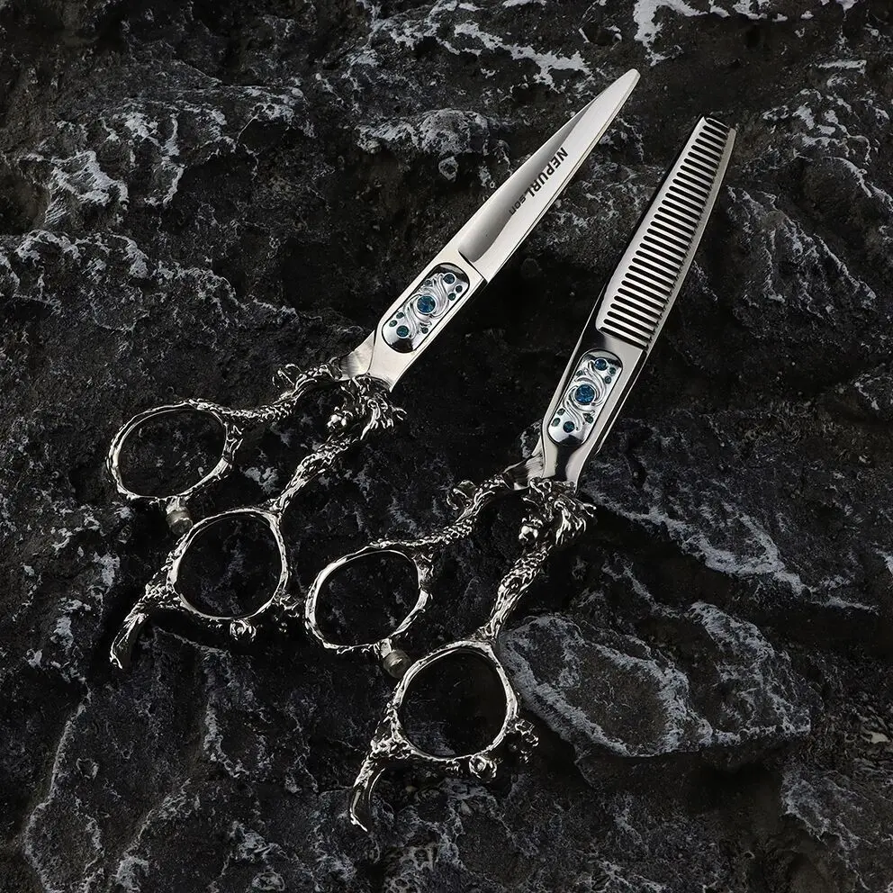 6.0-inch silver dragon handle hairdressing scissors made of 6cr steel, cutting and thinning scissors, ergonomically designed right-handed scissors, Hair Styling Set, Hair Cutting Accessories, Barber Equipment, Hair Tools, Barber Supplies, Salon Supplies