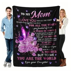 Breathable Plush Purple Butterfly Print Flannel Throw Blanket - 1-Piece, Soft Cozy Warm, 50"x60", with Mother’s Love "Mom You Are The World" Quote, Couch Nap Blanket for Home, Mother's Day Gift, One-Piece