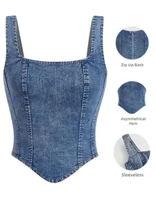 Women's Elegant Chic Fitted Sleeveless Denim Gilet Tops, High Stretch Fabric, All-Season Casual Versatile, Unique Style, No Collar, Zipper Design Womenswear