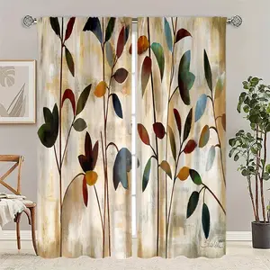 2pc vintage watercolor botanical print curtains/door blinds feature a semi-blackout rod and bag design, making them a perfect gift for friends. Suitable for dormitories, bedrooms, living rooms, kitchens, dining rooms, studies, cafes, hotels and apartments
