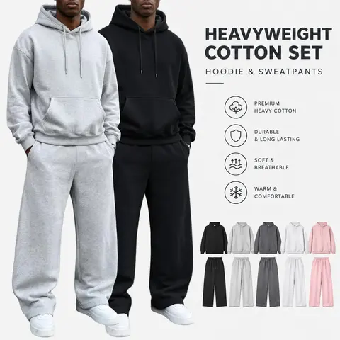 Men's 2-Piece American-Style Poly-Cotton Set - Plain Hoodie Pullover with Drop-Shoulders, Loose-Fit Wide-Leg Drawstring Sweatpants with Fluid Drape, Machine Washable for Sport/Casual Home & Everyday Use