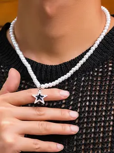 Fashion Star Pendant Necklace for Men and Women, Faux Pearl Chain, Vintage Punk Style, Birthday Gift Hip Hop Jewelry