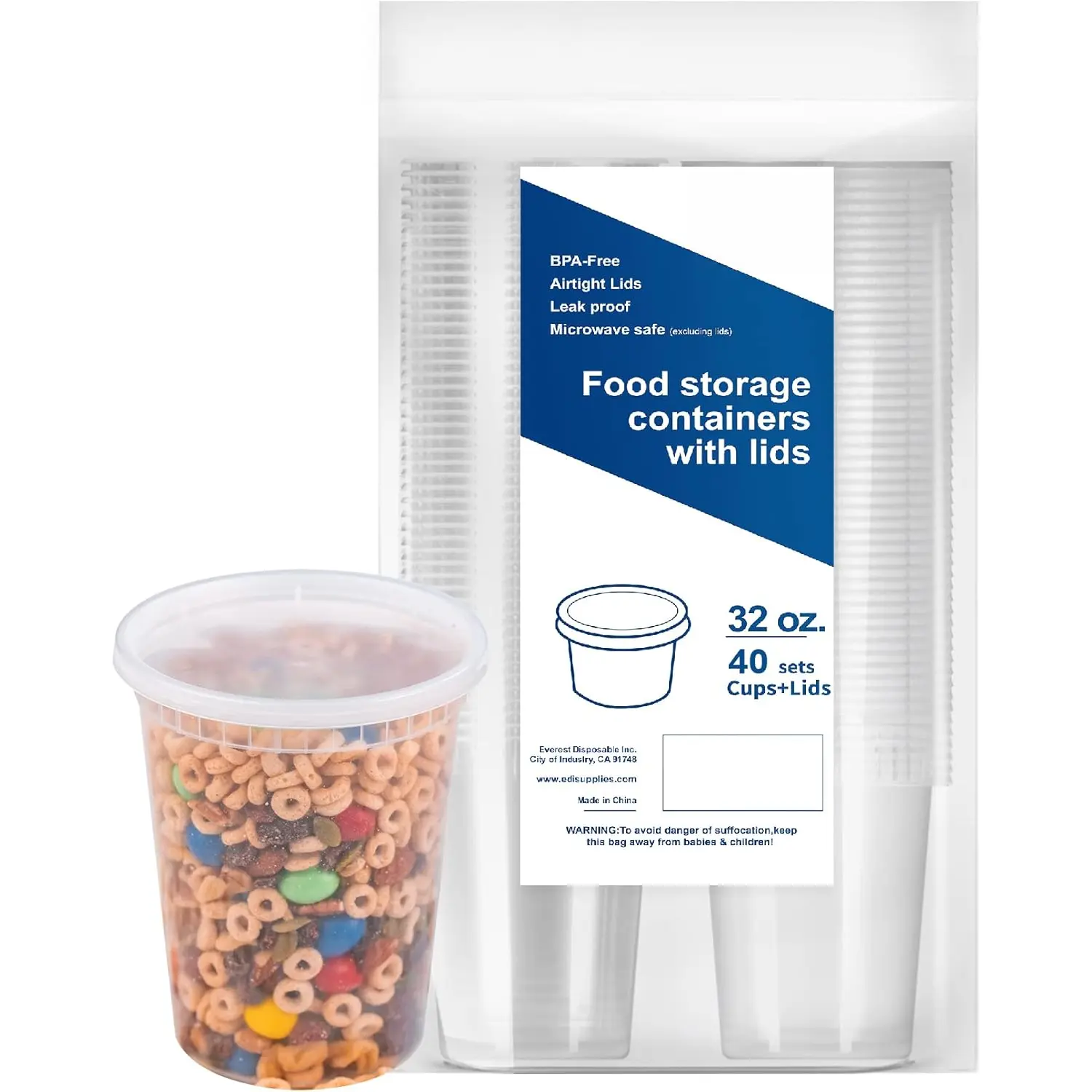 [32 OZ, 40 Sets] Plastic Deli  Storage Containers with Airtight Lids | Microwave-, Freezer-, Dishwasher-Safe |  | Heavy-Duty | Meal Prep | Leakproof | Recyclable