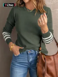 Women's Striped Print Sweater, Casual Long Sleeve Round Neck Jumper for Spring & Fall, Fashion Women's Knitwear for Daily Wear, Tops