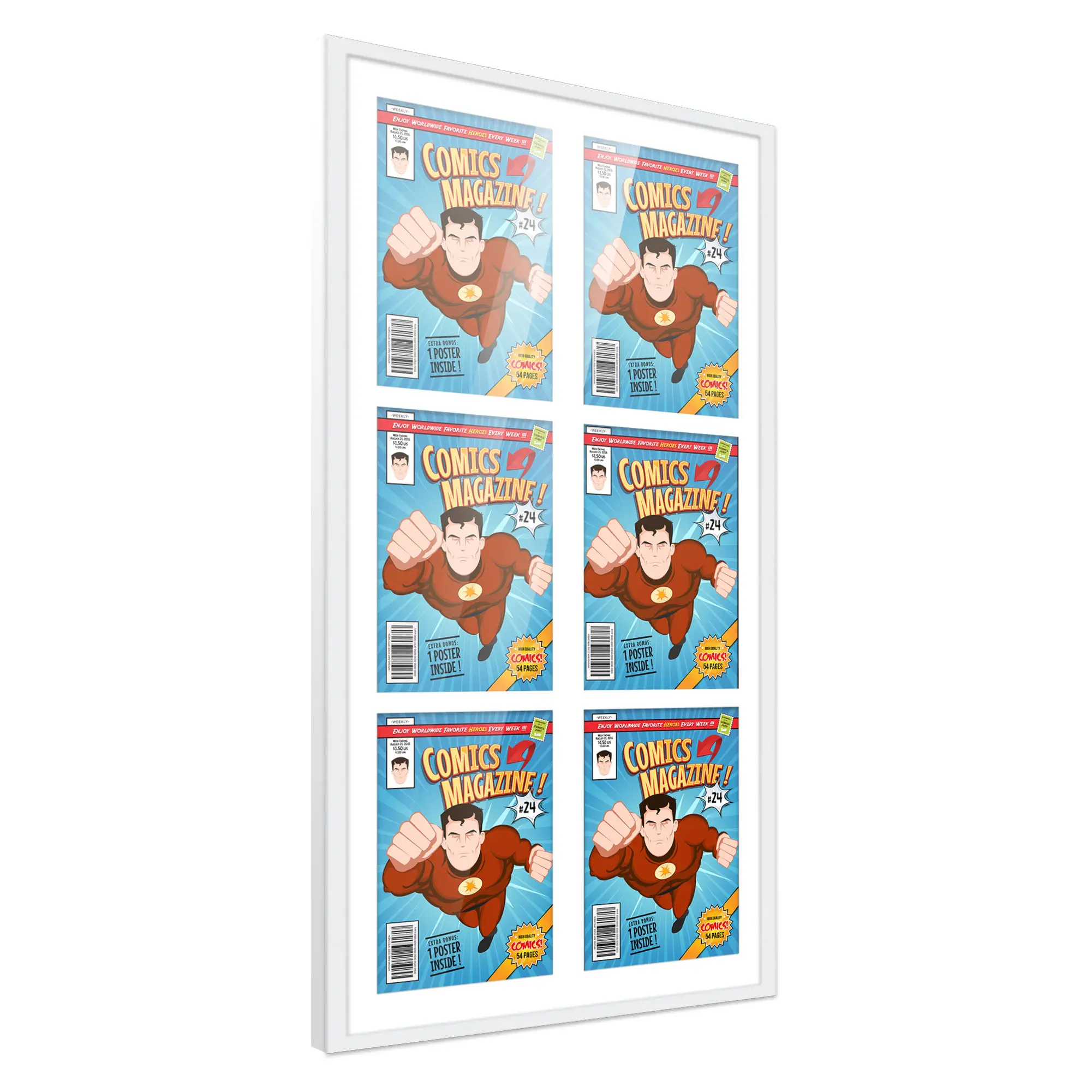 Comic Book Frame with Mat for 6 Silver Age Comics Published Between 1956 and 1970 - White Wood Comic Frame With White Mat for 7.125x10.5 Comics - 20x38.5 Frame Size