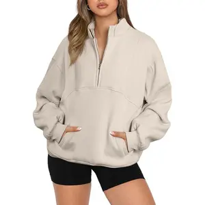 Women Half Zip Oversized Sweatshirts Long Sleeve Fleece Trendy Cropped Pullover Workout Warm Tops With Pockets S-2XL