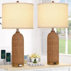 2Pcs 29'' Rattan Table Lamps with 2 USB Ports, Farmhouse Lamp for Living Room, Bedroom, Office, Vintage Brown Desk Nightstand Lamps with Oatmeal Fabric Linen Shade