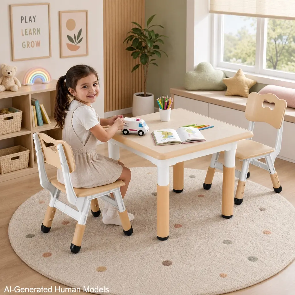 MAMIZO Kids Table and 2 Chairs Set, Height Adjustable Toddler Activity Art craft Table with Graffiti Desktop & Non-Slip Legs, Easy to Wipe for Children Ages 3-10 Playroom Classroom Preschool room makover mesa montessori