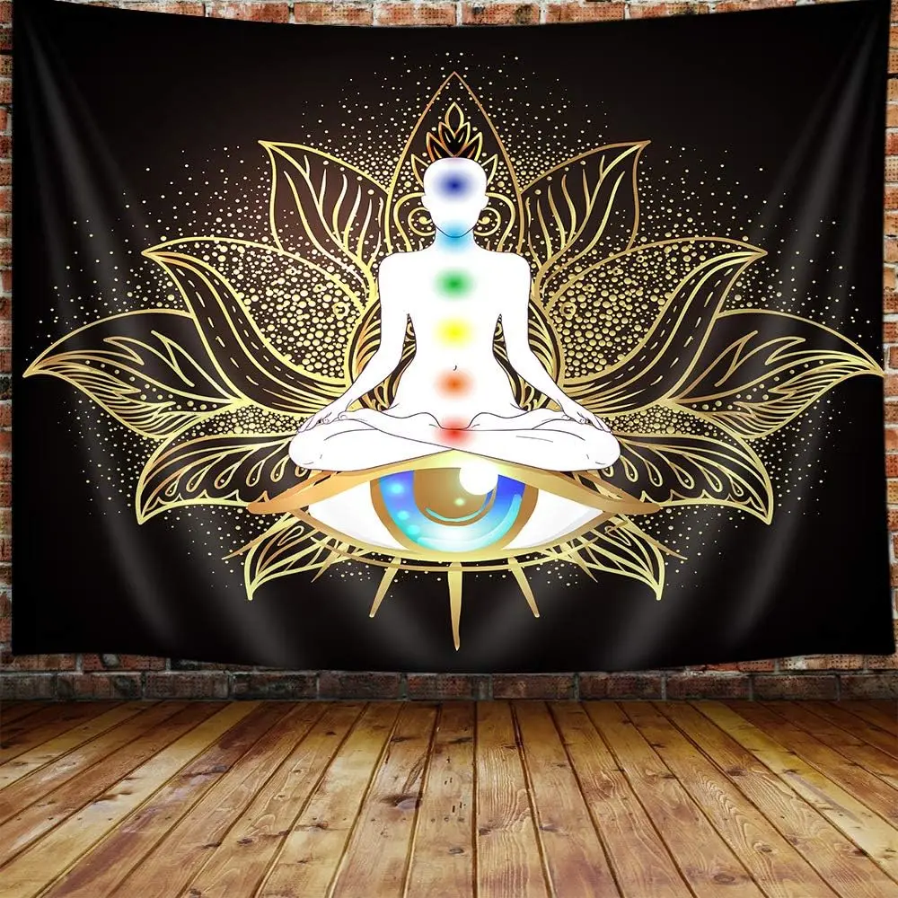 Seven Chakra Tapestry, Mandala Eyes Yoga Meditation Zen Decor Small Tapestry Wall Hanging for Bedroom, Hippie Golden Black Lotus Spiritual Tapestries Poster Beach Blanket College Dorm Home