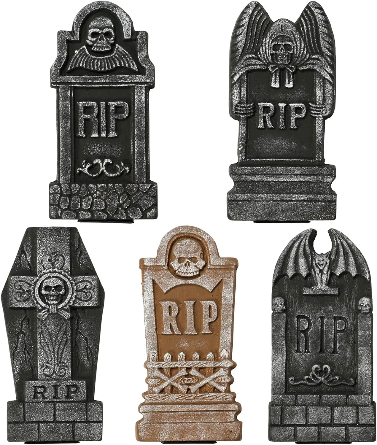 5PCS Halloween Foam RIP Graveyard Tombstones for Halloween Lawn | Tombstones Halloween Decor with RIP Designs, Stakes Included, Reusable for Spooky Yard, Lawn & Party Deco