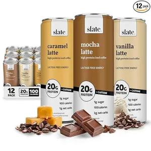 Slate Milk - High Protein Iced Coffee - Energy Variety Pack - Caramel Latte, Mocha Latte, Vanilla Latte - 175mg Caffeine, Lactose Free - 20g Protein, 1g Sugar - Protein Coffee - 11 fl oz, 12 Cans