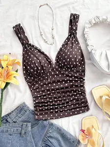 VYNCE Women's Elegant Vacation Polka Dot Knit Fabric Twist Strap Ruched Slim Fit Camisole - Camiseta de Tirantes Ajustada con Lunares para Vacaciones y Citas