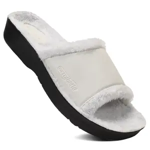 AEROTHOTIC - Aspen Warm Fuzzy House Slippers for Womens – Soft Faux Fur Material -Faux Leather Straps - Non-Slip Sole