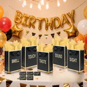 [Birthday Gift] Gold Foil 5 Senses Gift Bags for Him Her with Labels Envelopes and Cards, Sight Smell Touch Taste Sound Gift Bags with Tissue Handle for Birthday, Anniversary, Mother's Day, Valentine's Day(9x7x3.15inch)