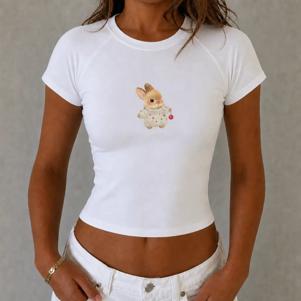 Cute Christmas Bunny Matching Sister Crop Tee Y2K White Ribbed Best Friend Set  Kawaii Rabbit Xmas Tree Matching Duo White Raglan Sleeve Women’s Crop Top