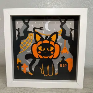 Shadow Box Halloween Pumpkin Cat 3D Paper Craft with Frame - Modern Hanging Decor Piece
