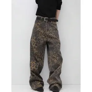 Men's All-Season Denim American Leopard Print Streetwear Retro Fashion Loose Straight Wide-Leg Pants