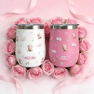 15oz Bow Bear Stainless Steel Water Cup, Cute Design, Durable Material, Perfect for Daily Use, Stylish Drinkware，Qtencas Wedding Gifts for Couples , Mr and Mrs Gifts Tumblers Set, Engagement Anniversary Wedding Gift for Newlyweds