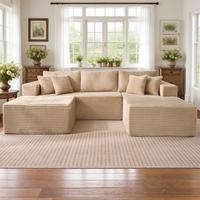 108" Beige U Shaped Right Chaise with Ottoman