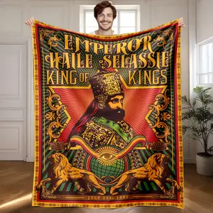 1 piece Emperor Haile Selassie of Ethiopia and the Lion King symbol of authority themed flannel blanket - Super soft flannel blanket, suitable for beds and sofas, all-season use, modern design, digitally printed pattern, 100% polyester material